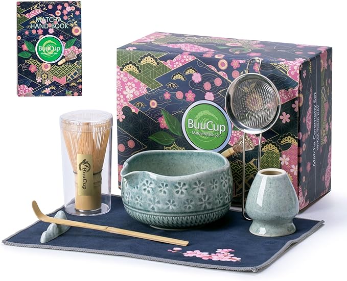 Matcha Whisk Set, Ceramic Matcha Set Includes Matcha Bowl, Matcha Whisk and Holder, Bamboo Scoop, Scoop Rest, Sifter and Tea Towel - 7 Pcs Matcha Kit for Matcha Lovers (Blue)