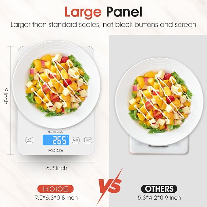 KOIOS Kitchen Scale, 33lb/15kg Digital Food Scales Weight in Grams and Ounces for Cooking Baking, 1g/0.1oz Precise Graduation, Batteries and Type-C Charging, Tare Function, LCD Display, White