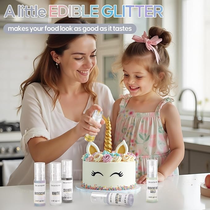 Edible Glitter Spray,2 Colors Silver & White Food Grade Edible Glitter Set for Drink Cake Beverages,Cupcakes,Cake Pops and Cookies Decorating