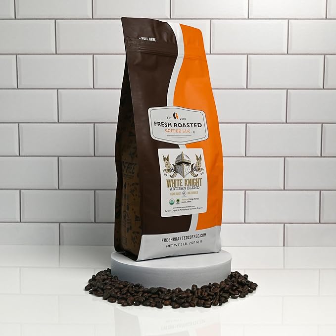 Fresh Roasted Coffee, Organic White Knight | USDA Organic, Kosher | Light Roast 2 lb (32 oz), Whole Bean
