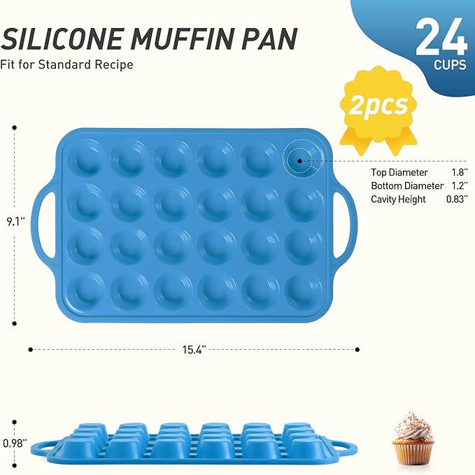 2 Packs 24 Cups Silicone Muffin Pan with Metal Reinforced Frame Mini Size Cupcake Pan Tray Egg Bites Cookie Molds Muffin Tin Tart Pans chocoflan mold Baking Sheet Set Breakfast Sandwiches