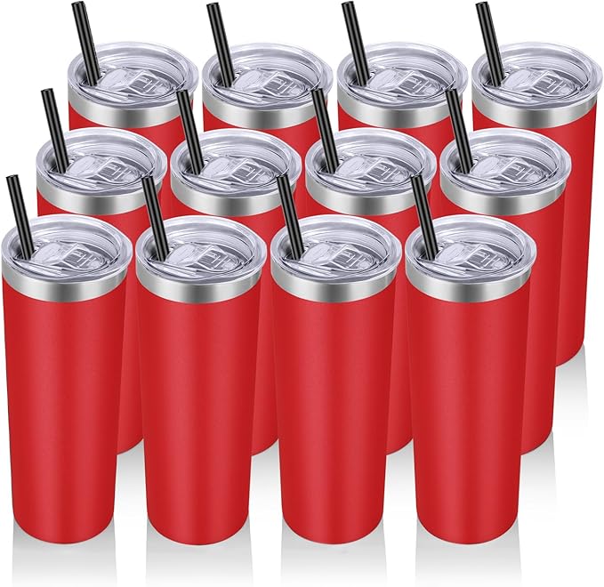VEGOND 20 oz Stainless Steel Skinny Tumbler with Lids and Straws, 20oz Vacuum Insulated Slim Tumbler Cup, Double Wall Travel Tumblers Bulk for Cold Hot Drinks, Red 12 Pack