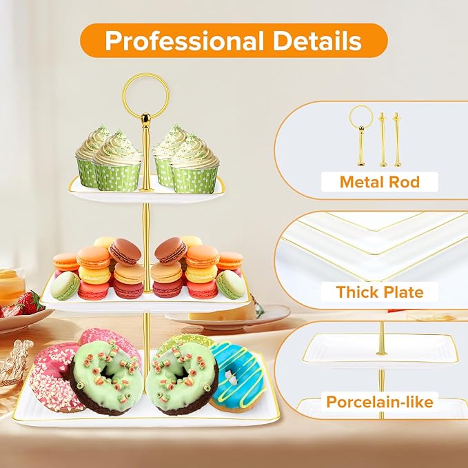 Hoedia 3 Tier Cupcake Stand Tower, Plastic White Cup Cake Holder for Dessert stands, Tiered Serving Tray for Tea Party, Birthday Party, Wedding Decor and Baby Shower(Square)
