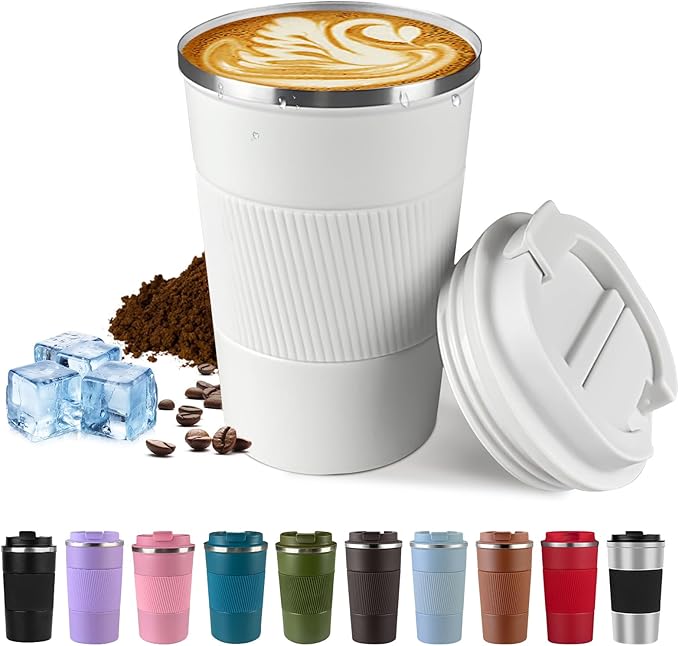 Vacuum-Insulated Stainless Steel Travel Coffee Mug, Leak-Proof Reusable Coffee Cup with Lid - Keep Hot & Cold Drinks for Hours, Durable Thermos Tumbler for Men & Women (3rd-White, 17OZ)