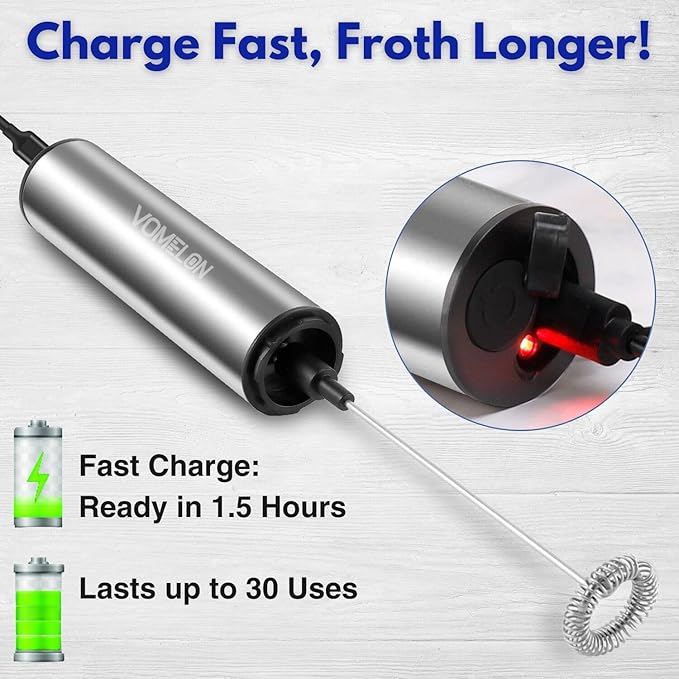 Rechargeable Milk Frother Handheld Electric Frother Wand Milk Foamer Drink Mixer for Coffee, Lattes, Cappuccino, and Egg, Stainless Steel for Travel-Silver