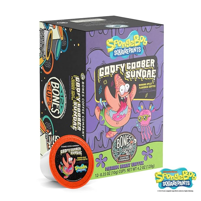 Bones Coffee Company Spongebob Goofy Goober Sundae, Banana Split Flavored Coffee Pods, Low Acid Medium Roast Single-Serve Bones Cups, Compatible with1.0 & 2.0 Capsule Brewers Coffee Maker, 12 Count