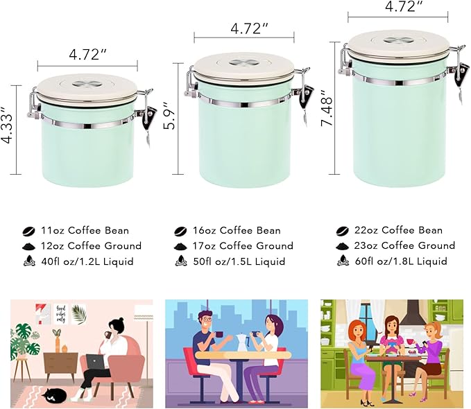 ShanSon Coffee Canister Airtight Coffee Container Stainless Steel Coffee Bean Storage Container with CO2 Release Valve and Scoop Coffee Canister for Beans,Grounds,Sugar,Flour,Tea,Cereal,16OZ,Green