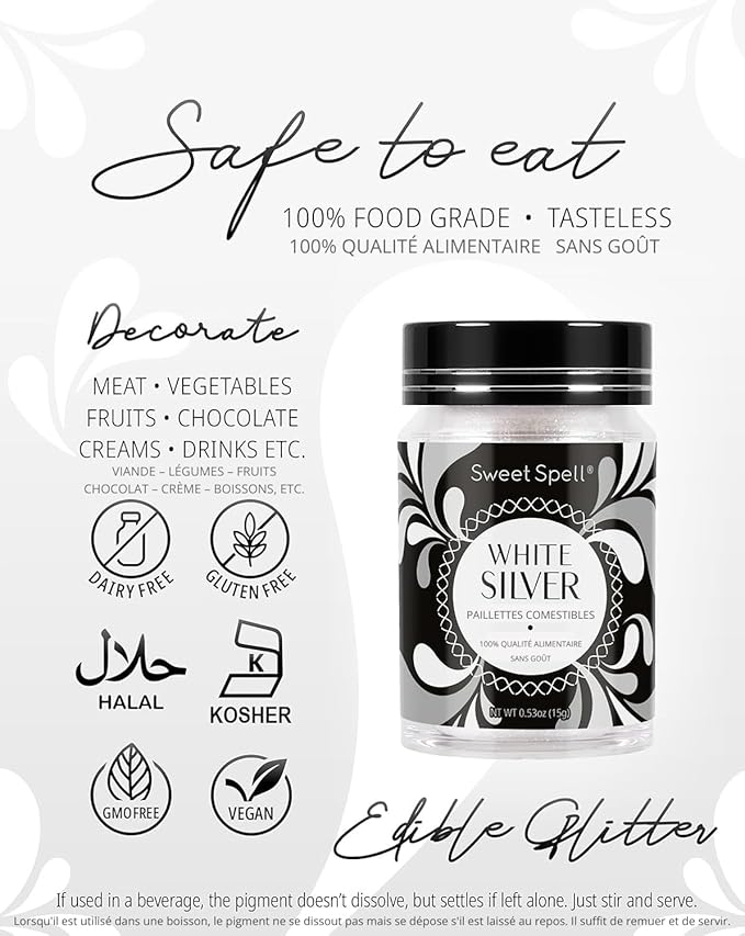 Sweet Spell Edible Glitter (15g) - Shimmer Sparkles for Drinks, Cakes, Cocktails - 100% Edible & Food Grade Glitter, Vegan, Gluten-Free (White Silver)