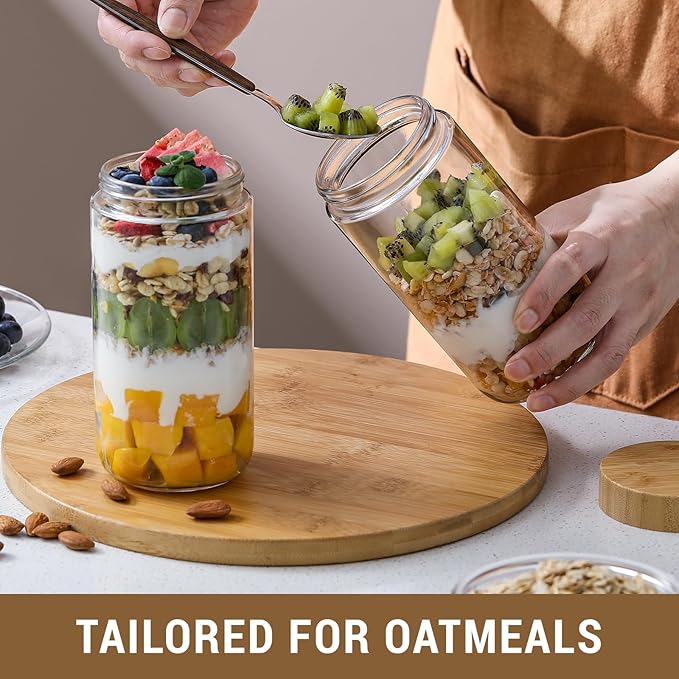 NETANY 4-pack 24oz Glass jars with Airtight Lids, Overnight Oats Containers with Bamboo Lids, Wide mouth Mason Salad jars, Glass Food Storage Containers for Snacks Yogurt Spice Sugar