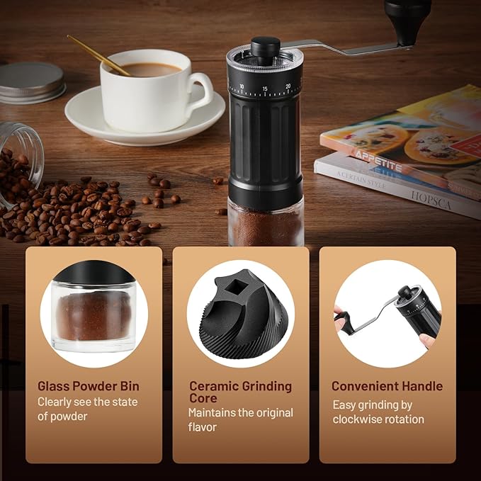 Manual Coffee Grinder, 25g Capacity Coffee Maker with 40 External Adjustable Settings, Conical Ceramic Burr Mill for Espresso Pour Over, Portable Espresso Grinder for Home Travel Camping Office
