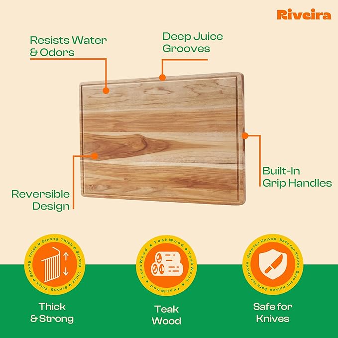 Riveira Teak Wood Cutting Board – Gourmet Teak Grandeur: 20 x 30 Wooden Cutting Board – Natural Wooden Cutting Boards For Kitchen Decorative – Innovative Juice Grooves Teak Wooden Chopping Board