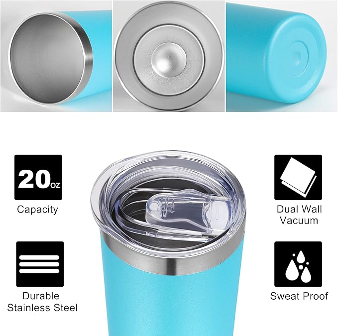 VEGOND Stainless Steel Skinny Tumbler, 20 oz Vacuum Insulated Tumbler with Lid and Straw, Double Wall Coffee Cup, Travel Mug for Cold Hot Drinks, Blue 1 Pack