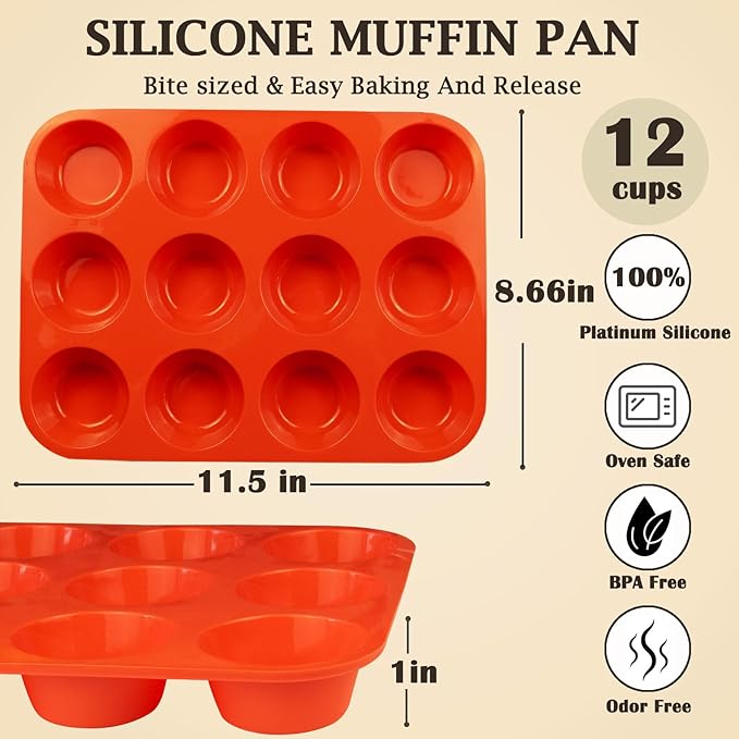 12 Cups Silicone Mini Muffin Pan Set, Nonstick Mini Cupcake Pans, BPA Free Small Muffin Tin for Baking, Set of 2 (Red+Red)