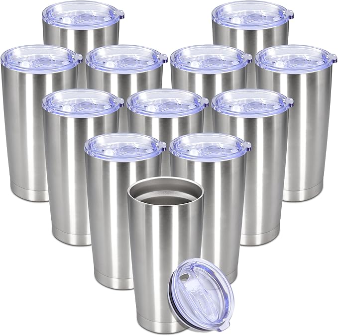 20 oz Tumbler with lid Double Wall Vacuum Insulated Tumblers Stainless Steel Coffee Mug Travel Coffee Tumbler Powder Coated Tumbler Cup Keep Hot&Cold - (Stainless 12 Pack)