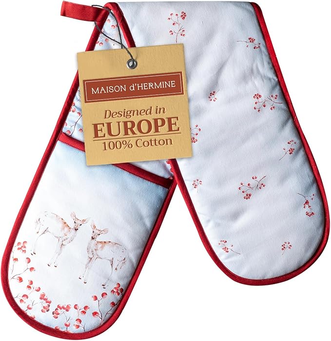 Maison d' Hermine Double Oven Mitt 100% Cotton Heat Resistant Cooking Gloves with Loop, Baking Barbeque, Handling Hot Pan, Fairytale Forest - Thanksgiving/Christmas (7 Inch x 35 Inch)