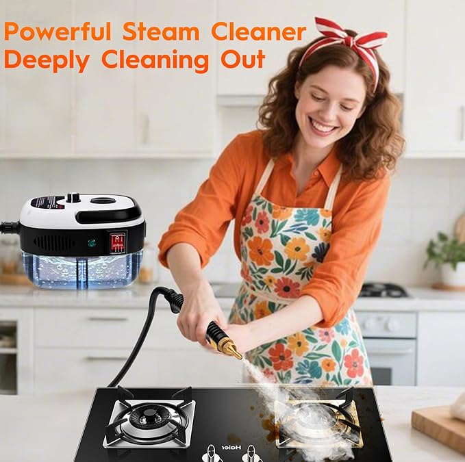 Steam Cleaner, 2500W High Handheld Steam Cleaner, 1L Portable Car Steam Cleaner, 6 High Speeds Pressure Temperature Steam Cleaning Machine with 3 Brush Heads for Kitchen Home Car Cleaning（White）