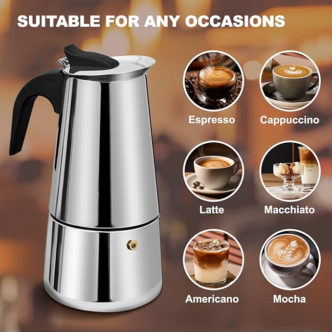 2 Cup Stovetop Espresso Maker Stainless Steel Moka Pot Stove Top Percolator Italian Coffee Makers Capable Mocha Greca Machine Cafe Classic Induction Cookers for Home and Camping 100ml 3.3oz