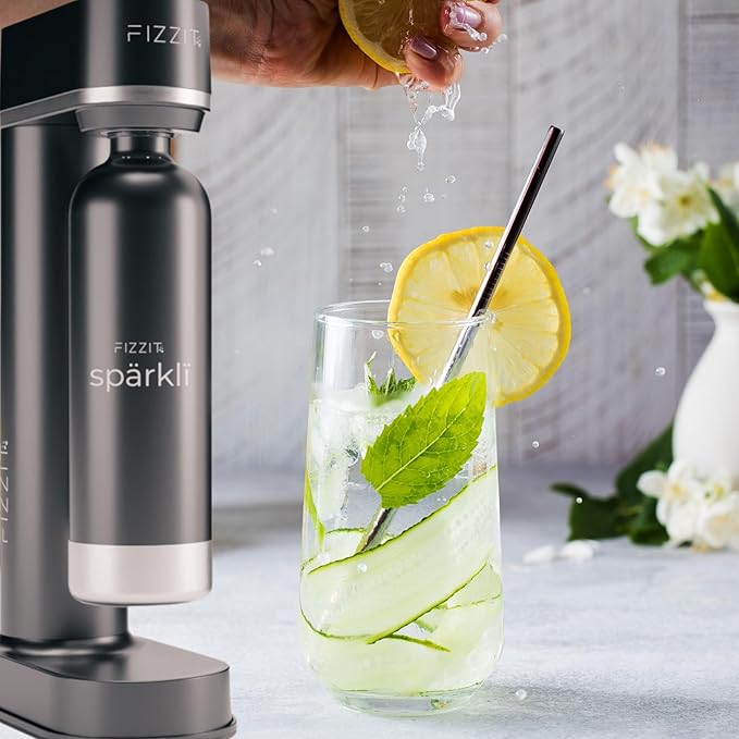 Fizzit Spärklï Carbonated Water Soda Maker with 1 Black Stainless Steel Bottle & 2 White Stainless Steel Bottles