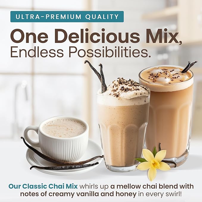 Dr. Smoothie Café Essentials Vanilla Chai – No Artificial Colors, Flavors, or Sweeteners – Shelf Stable – 58mg of Caffeine per Serving – Great for Hot, Iced, & Frozen Frappes (3.5 lb Bag, 26 Servings)