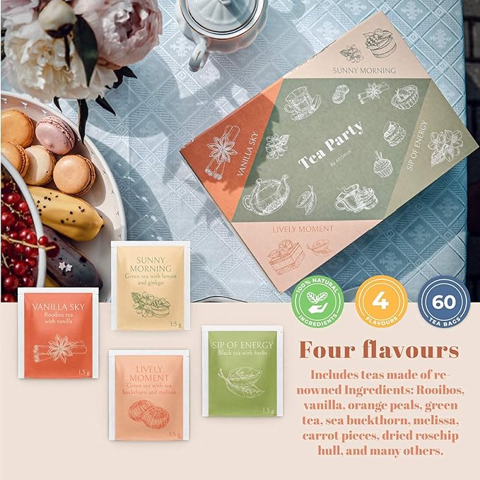 ACORUS Tea Party with 4 Different Flavors | Tea Set | 40 Count Natural Rooibos, Black Tea, Green Tea Packs with Beautiful Gift Box | Tea Bags Variety Pack