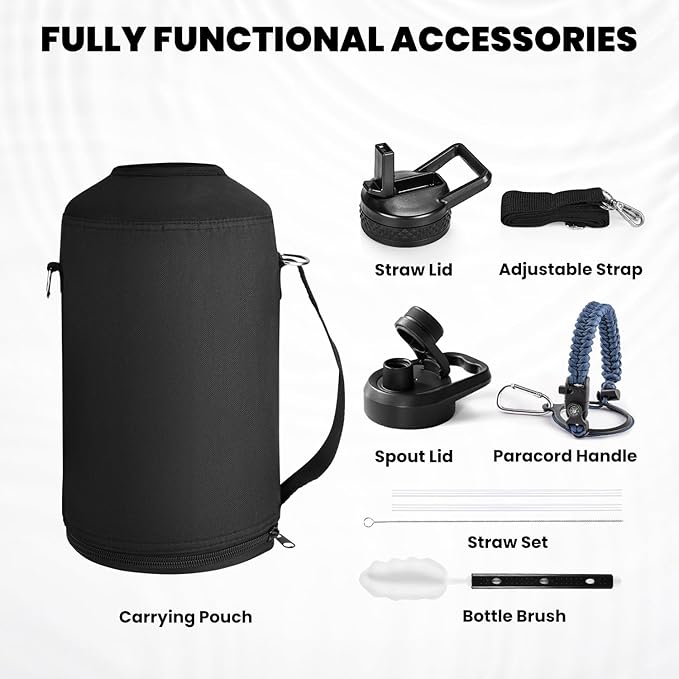 One Gallon Water Bottle Insulated, Triple Walled Vacuum Stainless Steel (Cold for 48 Hrs), Leak Proof & Non-BPA, Large Water Flask Jug with Paracord Handle & Straw Spout Lids