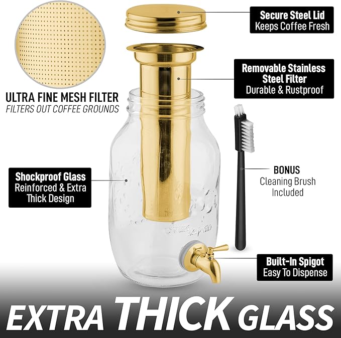 Zulay Kitchen 1.5 Liter Cold Brew Coffee Maker with EXTRA-THICK Glass Carafe & Stainless Steel Mesh Filter - Premium Iced Coffee Maker, Cold Brew Pitcher & Tea Infuser (Gold)