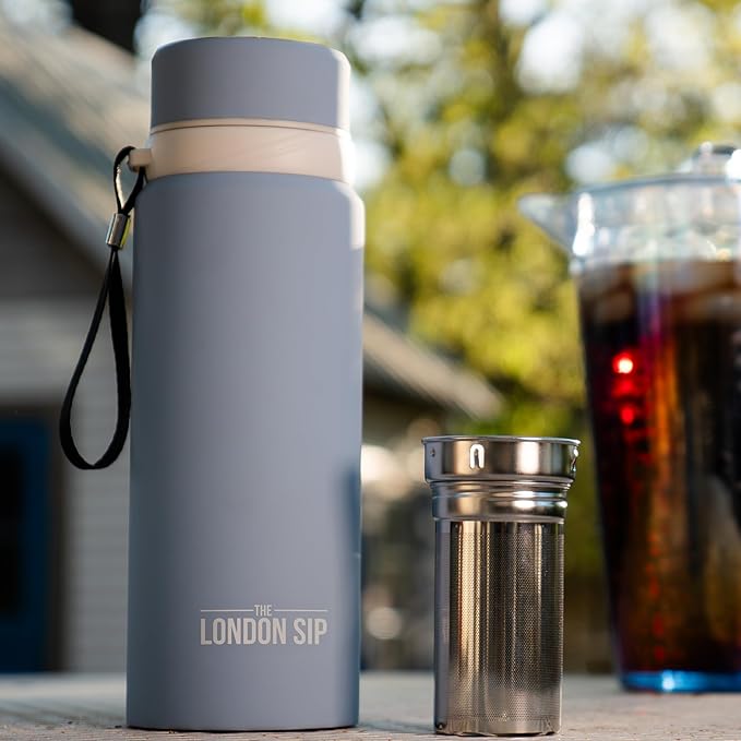 London Sip 25 oz Multi-Purpose Tea Infuser Mug – Fruit Infuser Water Bottle for Hot and Cold – Double Wall Stainless Steel Insulated, Blue Sunrise