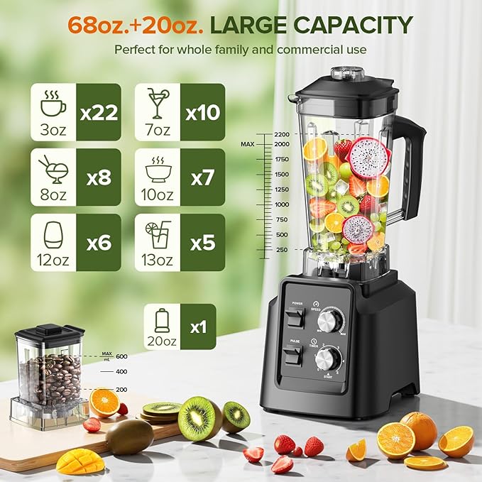 Blender, 68Oz. Countertop Blenders with 20Oz. Grinder, 28000 RPM Kitchen Blender for Smoothies, Ice Crushing, Frozen Fruits, Self-Cleaning, Speed Adjustable, Black