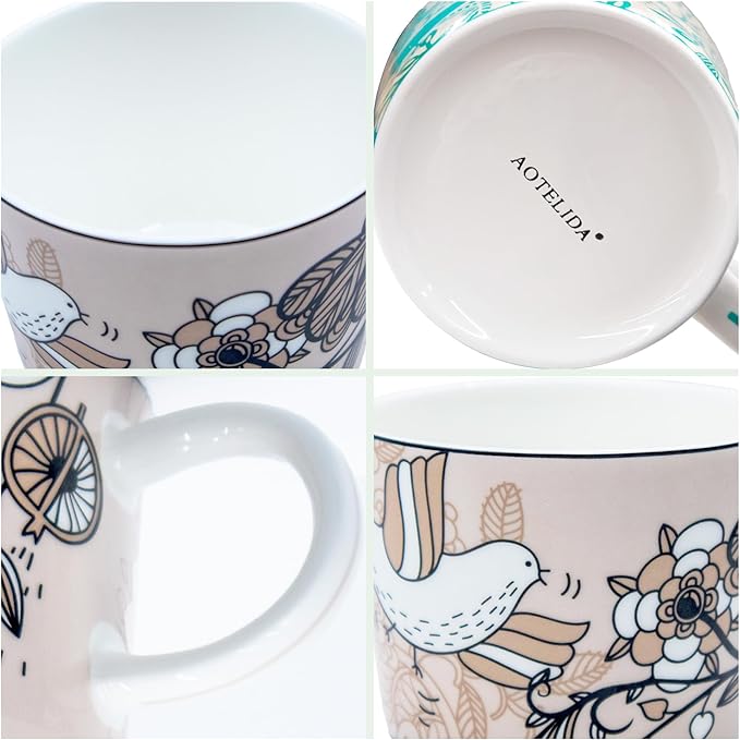 11 oz Mugs Set of 4 Porcelain Coffee Mugs Flower Mug Handle Oatmeal Milk Breakfast cup Painted Bone China Round Coffee cup