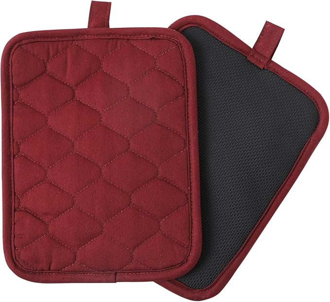 Glynniss Anti-Slip Grip Pot Holder for Kitchen, Cotton Oven Pot Holders Set with Neoprene for Heat Resistant 450F, 7x9 Inches Potholder Machine Washable 2PCS (Wine, 2)