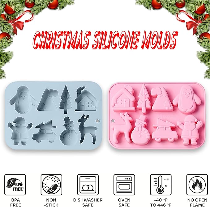 2 Pack Christmas Silicone Chocolate Molds, 3D Snowman Elk Xmas Tree Penguin Santa Claus Snowmobile Christmas Hat House Shape Candy Baking Molds for DIY Handmade Soap Mini Cakes Jello Fondant