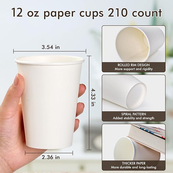 210 Count 12 oz Coffee Cups, White Paper Cups 12 oz for Water Juice or Tea, Perfect for Office Home Party