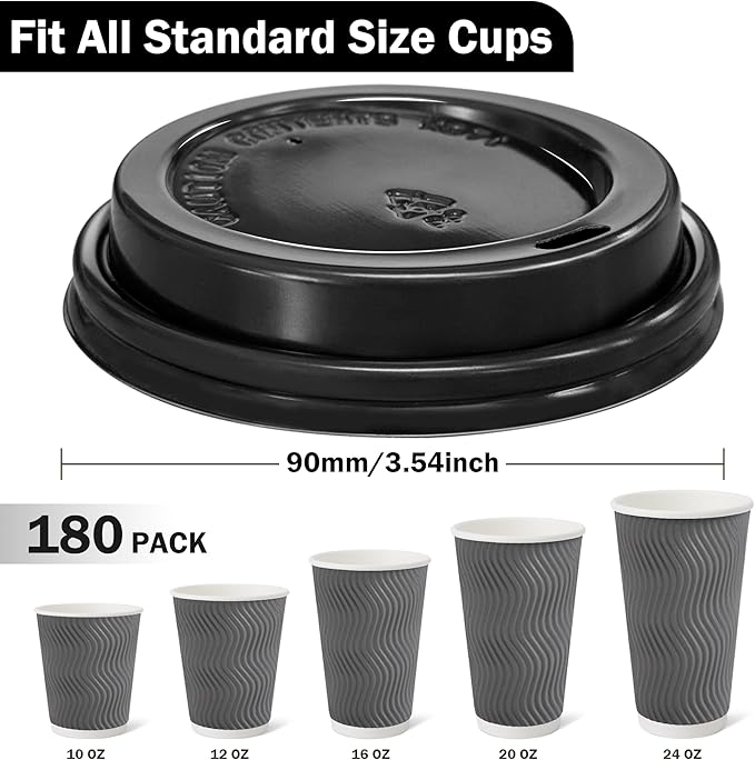 180 Pack Disposable Coffee Cup lids, 3.54'' Leak-Proof Disposable Plastic Cup Lids for 10, 12, 16, 20oz Paper Cups, Hot/Cold Drinking Cup Lids, Black