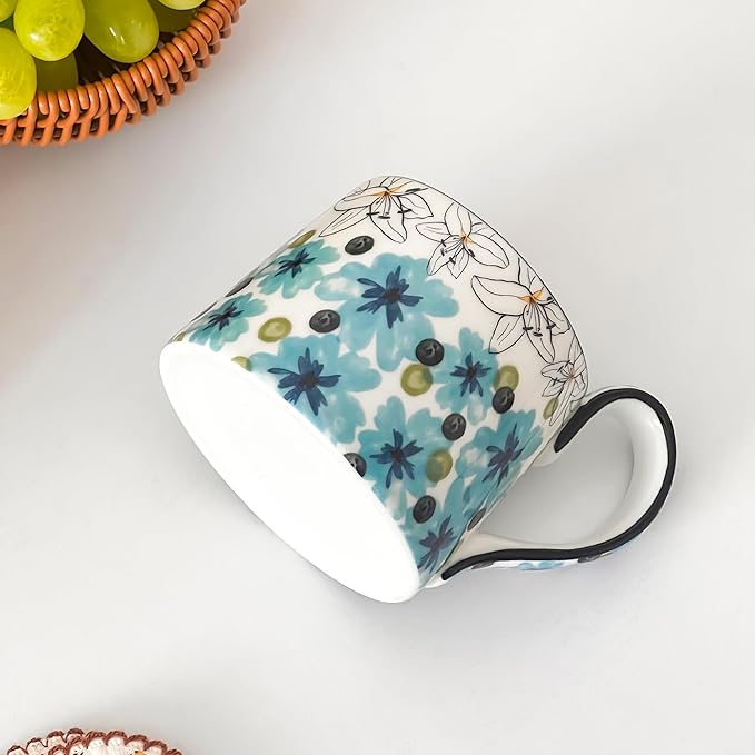 Ceramic Coffee Mug, 12oz Cute Floral Coffee Mugs with Large Handle, Blue Flower Design Stoneware Tea Cup for Office and Home