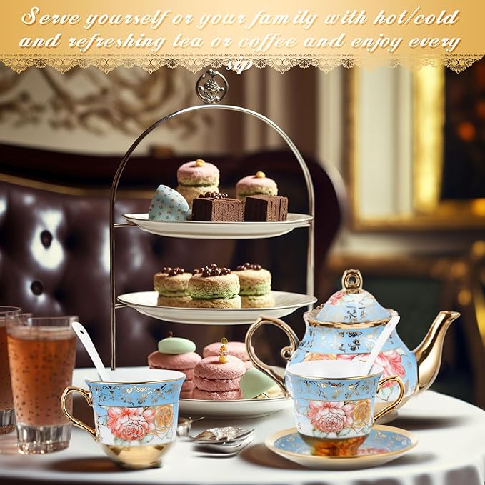 Zhehao 20 Pcs Porcelain Tea Set with Metal Holder and Spoon Adult Ceramic Tea Party Set European Flower Painting Teapot Cup Saucer Spoon Set for Women, Large Version(Simple Style)