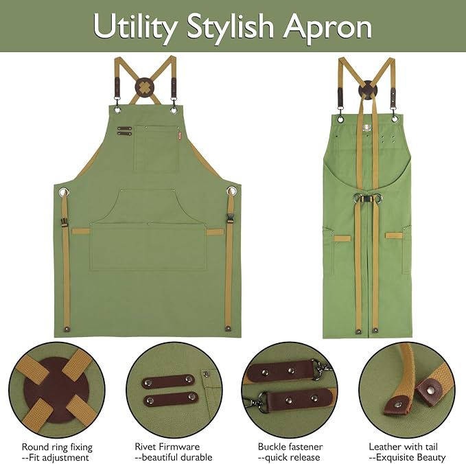 Kitchen Apron, Work Apron, Canvas, Multiple Pockets, Gardening, Painting, BBQ, Artist, Carpenter, Sizes M to XXL, Olive