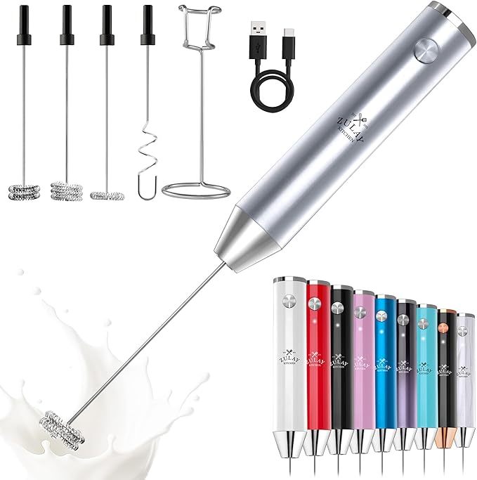Zulay Kitchen Lux Rechargeable Milk Frother Handheld, 4 Included Whisks - Powerful 2-Speed Motor, Fully Waterproof, 2000mAh Battery - Drink Mixer For Latte, Cappuccino, Matcha, Protein Powder