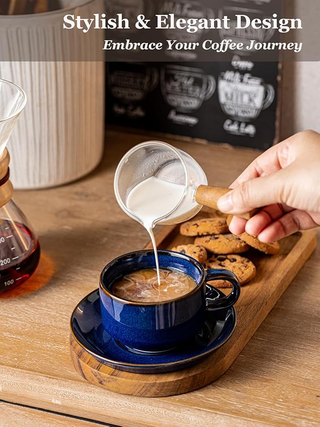 Gomakren 6 Ounce Cappuccino Cups with Saucers and Metal Stand, Stackable Coffee Cup Set of 4, Porcelain Espresso Cups for Coffee Drinks, Cappuccino, Latte, Americano, Tea, Cobalt Blue