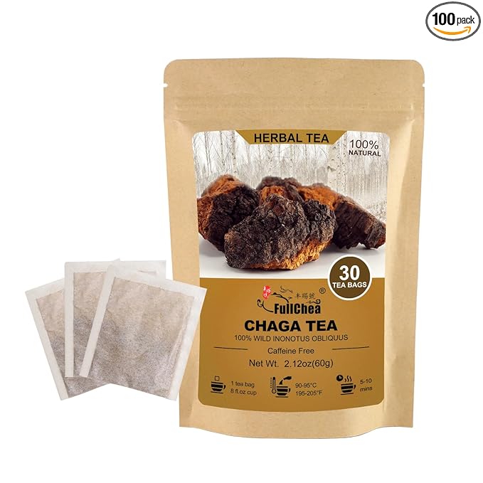 FullChea - Chaga Tea Bags, 30 Teabags, 2g/Bag - Premium Chaga Mushroom Tea - Non-GMO - Caffeine-Free - Rich in Antioxidants & Aid in Digestion