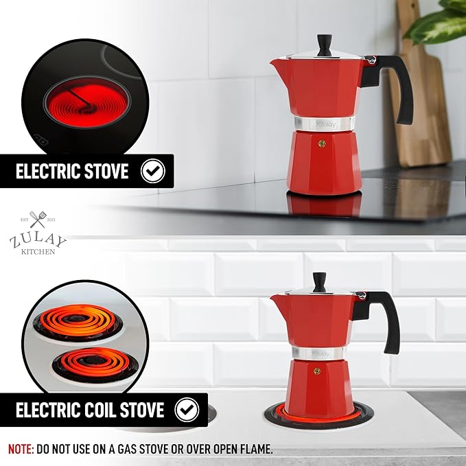 Zulay Classic Italian Style 6 Espresso Cup Moka Pot, Stovetop Espresso Maker for Great Flavored, Makes Delicious Coffee, Easy to Operate & Quick Cleanup Pot (Red)