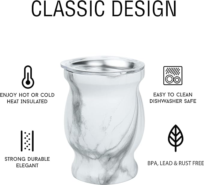 LA FEE Yerba Mate Natural Gourd/Tea Cup Set Brown (Original Traditional Mate Cup - 8 Ounces)，Includes Yerba Mate Straw & Cleaning Brush，Stainless Steel | Double-Walled | Easy to Clean (White)