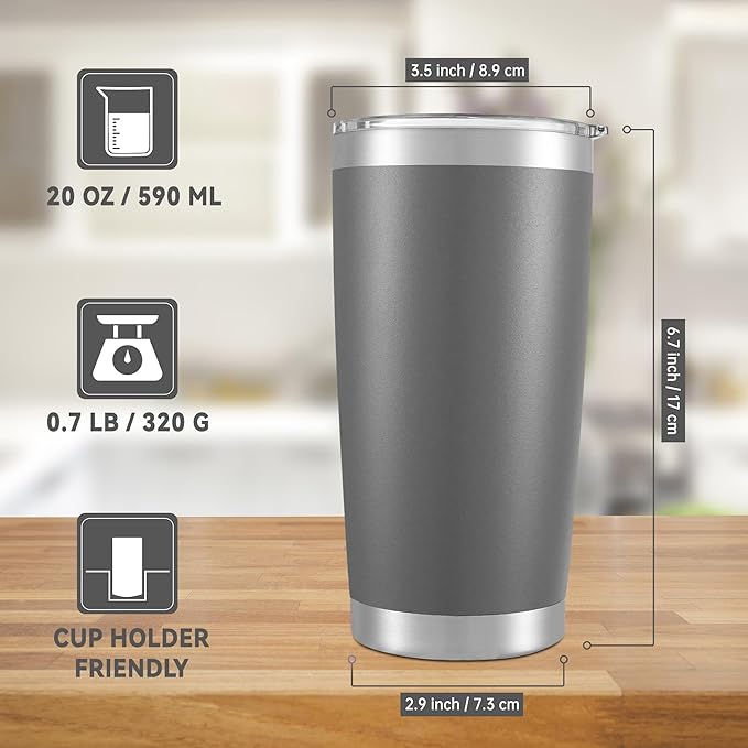 20 oz Tumblers Bulk Stainless Steel Tumbler with Lid Double Wall Vacuum Insulated Coffee Mug 20oz Powder Coated Cup for Hot and Cold Drinks, Gray, 6 pack