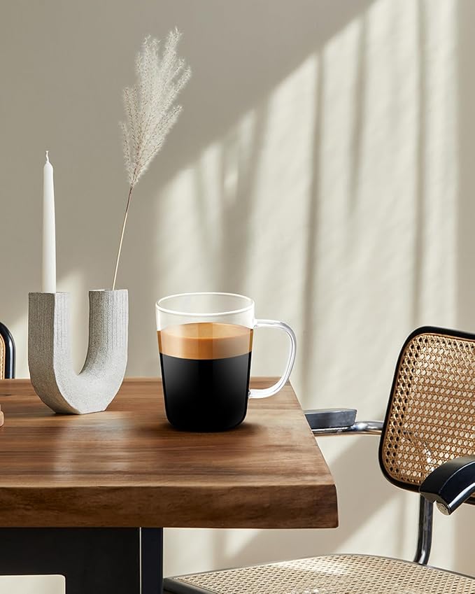 LUXU Glass Coffee Mugs(Set of 4)-17 oz,Clear Beer Mugs,Glass Tea Cups with Comfortable Handle,Lead-free Drinking Glasses,Perfect for Latte,Espresso,Juice,Water,Milk or Hot and Cold Beverage