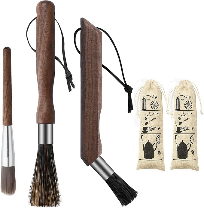 3PCS Professional Coffee Brush, Coffee Grinder Brush Set, Natural Boar Bristles Black Walnut Handle Espresso Machine Cleaning Tool, Coffee Cleaner Brushes Coffee Tool for Barista Home Kitchen