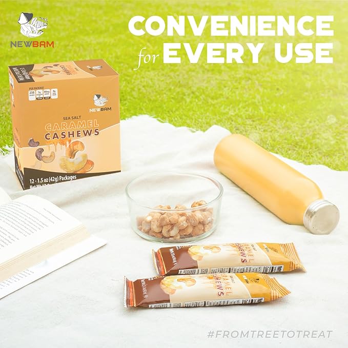NEWBAM Sea Salt Caramel Cashews Individual Packs - 12 Cashew Snack Packs Roasted Nuts (1.5oz Each) – Keto, Vegan, Gluten-Free - Healthy Snacks for Trail Mix, Office, or Party - Lightly Salted, Sweet Tasty