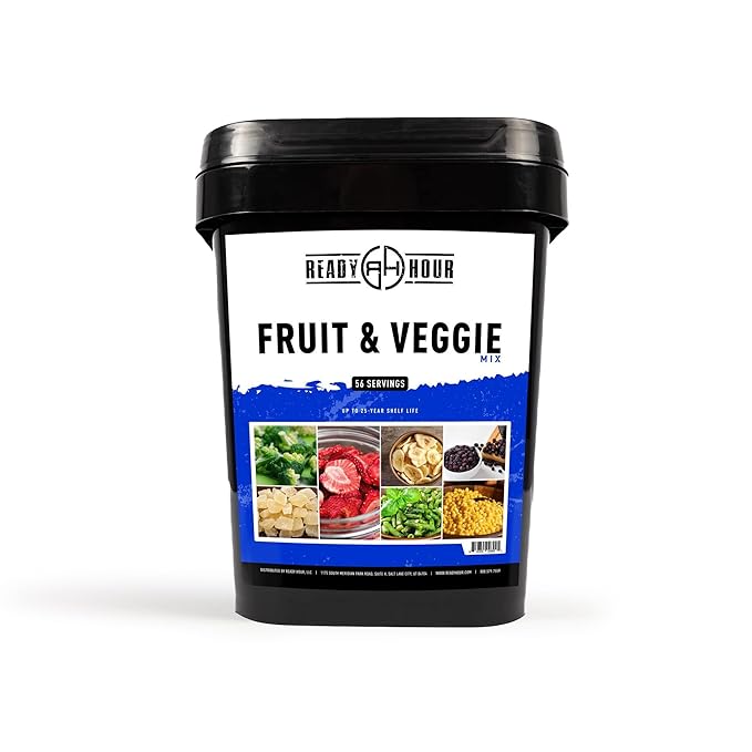 Ready Hour, Fruit & Veggie Mix, Non-Perishable Freeze-Dried Food, 30-Year Shelf Life, Portable Emergency and Adventure Food Supply, Durable Flood Safe Container, 56 Servings