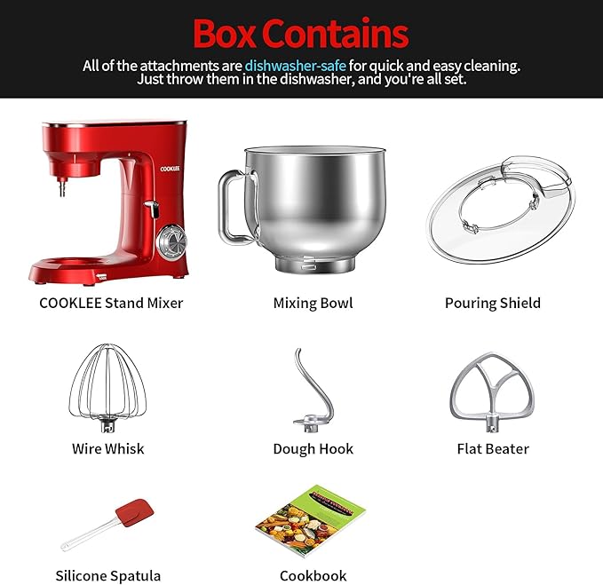 COOKLEE Stand Mixer, 9.5 Qt. 660W 10-Speed Electric Kitchen Mixer with Dishwasher-Safe Dough Hooks, Flat Beaters, Wire Whip & Pouring Shield Attachments for Most Home Cooks, Ruby Red