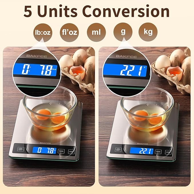 Food Scale, 33lb Digital Kitchen Scale with Stainless Steel & Tempered Glass, USB Rechargeable, 1g / 0.05oz Precise Graduation, Waterproof and Sturdy Surface, for Cooking, Baking, Weight Loss
