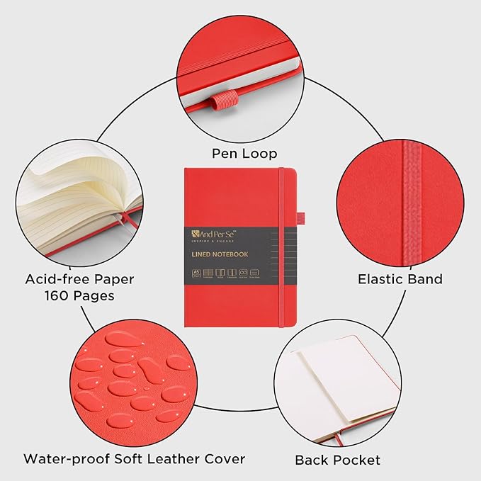 &And Per Se Lined Journal Notebook, 160 Pages, A5 5.7 x 8 inches College Ruled Thick Paper Notebook Journals for Writing, Hardcover Notebooks for Women Men Office School (1 Pack, Red)