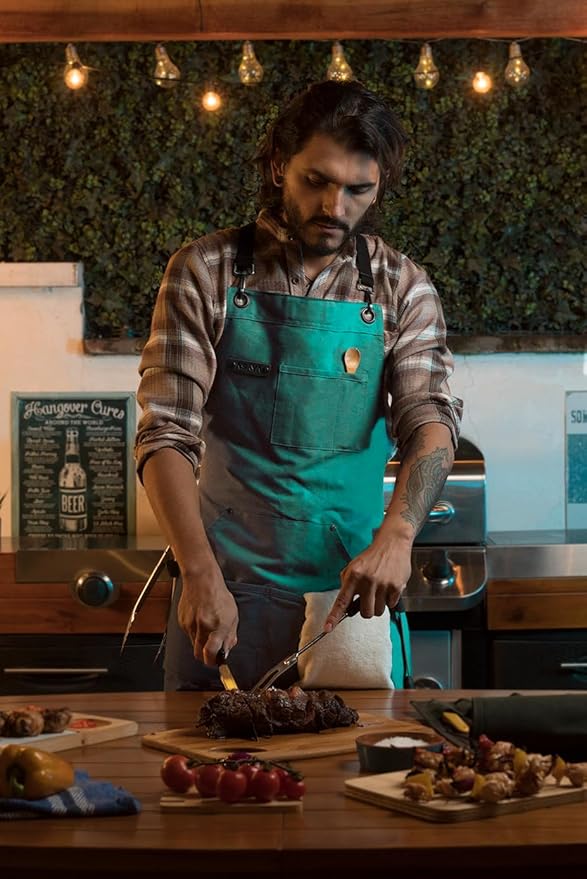 Asaya Chef and BBQ Apron with Bottle Opener and Hand Towel - 10oz Cotton Canvas, Stainless Steel Hardware - Cross Back Straps